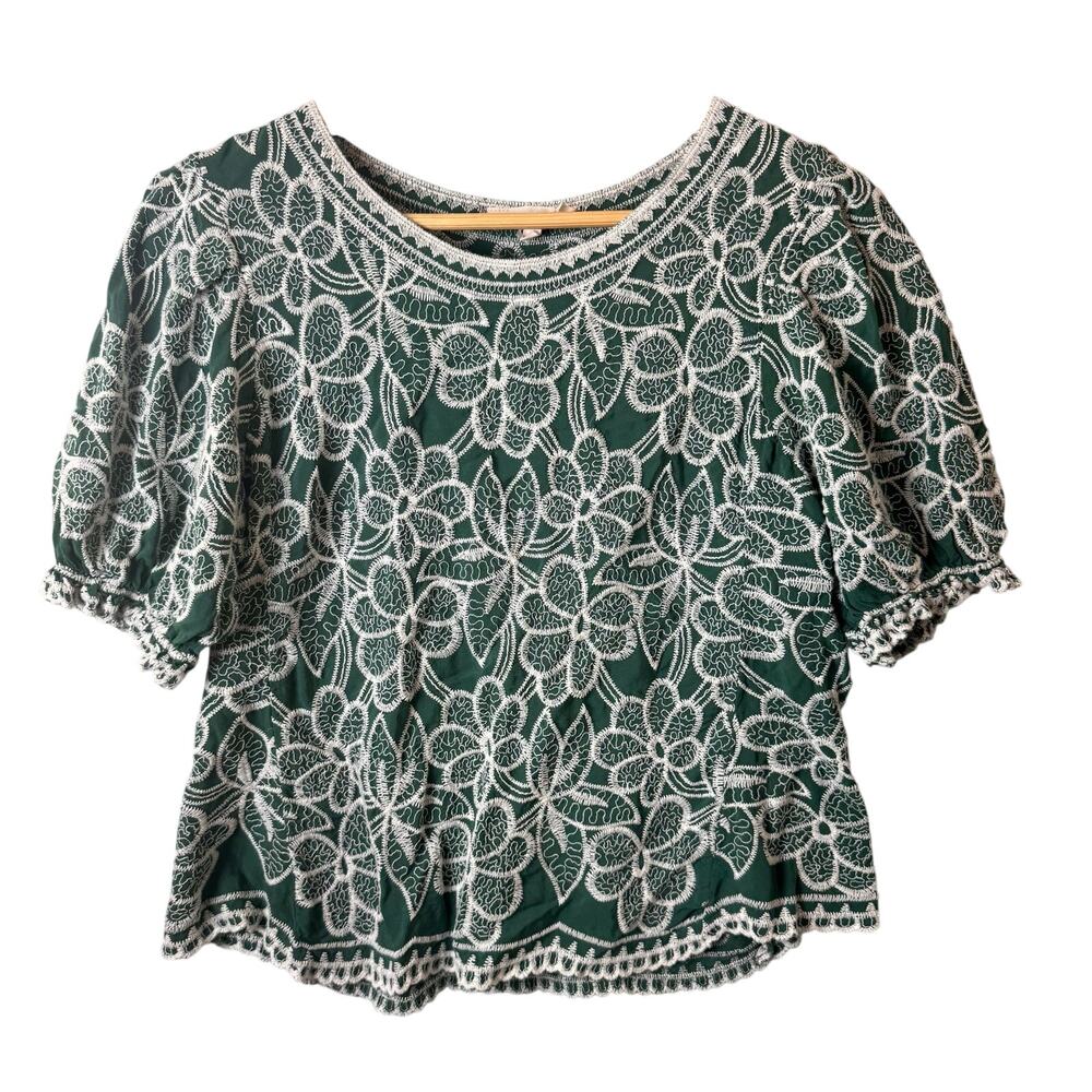 Solitaire Anthropology Peasant Blouse Womens Large Embroidered Floral Green Boho